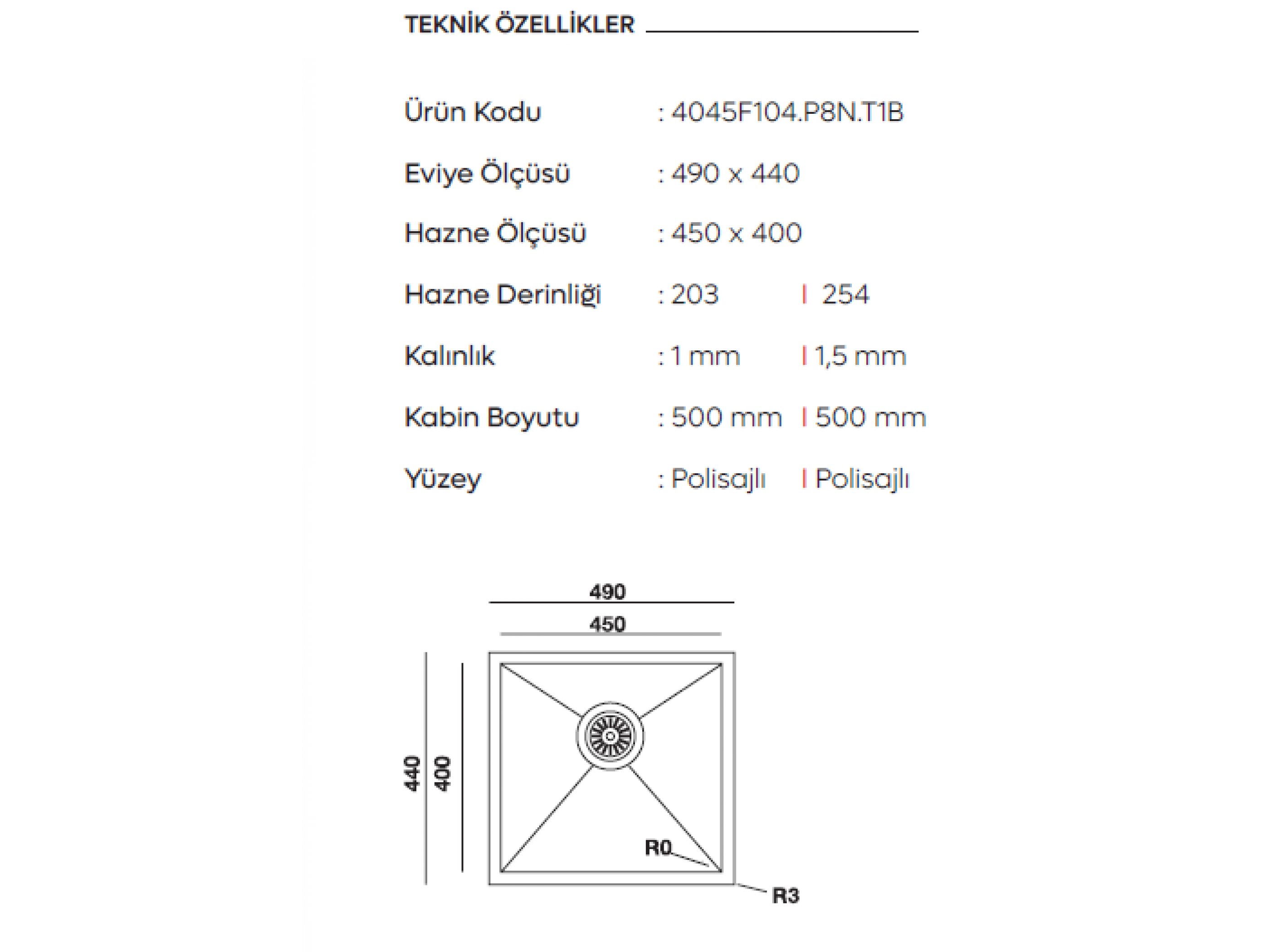 Livinox 40x45 1mm Tezgah Altı Paslanmaz Evye